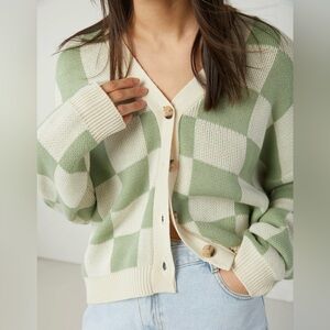OAK + FORT Checkered Cardigan Green and Cream